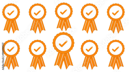 achievement badges flat design vector illustration with orange checkmarks symbolizing quality success and approval.