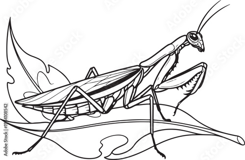 Praying mantis insect illustration standing on plant leaf isolated on transparent vector.