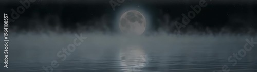 A large moon with a reflection of the moon on the water