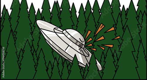 ufo crash lands in dense green forest an alien spaceship impacting pine trees with debris flying from the dangerous accident.