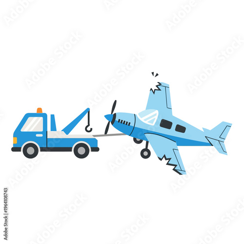 airplane accident tow truck pulls a damaged plane from a crash site depicting emergency vehicle recovery in a flat design style