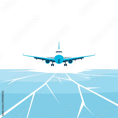airplane landing on cracked ice a flat design illustration depicting winter travel arctic flight and dangerous conditions.