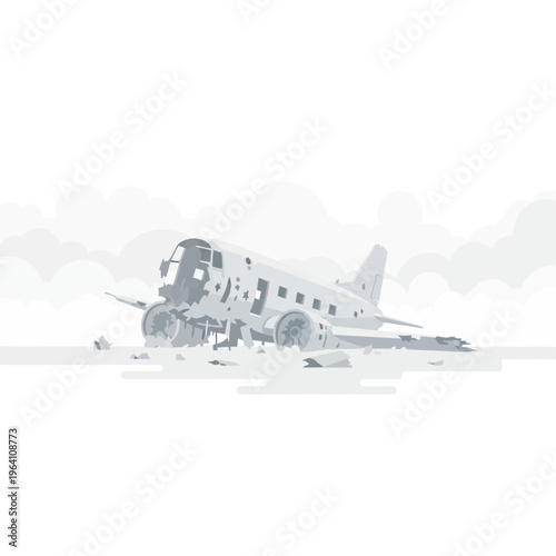 plane crash illustration shows a crashed airplane wreckage an abandoned aircraft after a disaster in a desolate landscape.