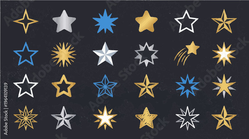 A collection of colorful star icons and illustrations on a dark background