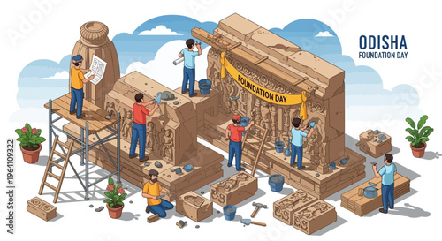 Illustration of people building a temple for Odisha Foundation Day celebration with cultural and traditional elements.