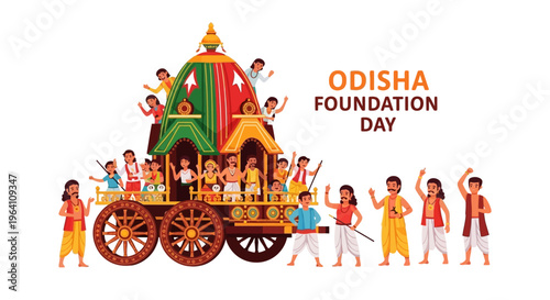 Vector illustration of people celebrating Odisha Foundation Day with a colorful chariot, conveying a cultural and joyful mood on a white background.