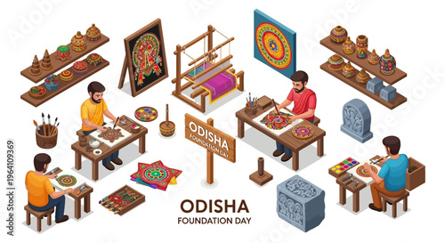 Illustration of people engaging in various artistic activities on Odisha Foundation Day with vector designs and cultural celebrations.