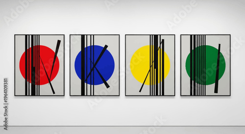 A set of four colorful abstract art pieces on a wall.
