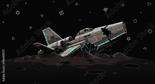 crashed spaceship on a dark lunar landscape its broken hull glowing blue depicting a space accident and science fiction exploration.