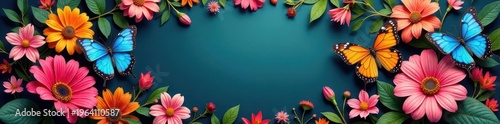 Intricate floral frame surrounding vibrant butterflies ,  border,  floral frame