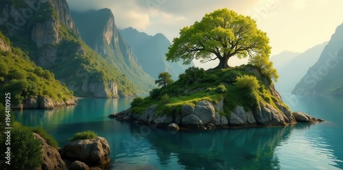 Luminous golden ivy weaves through ancient stone, island floats ,  ancient stone,  beautiful,  background