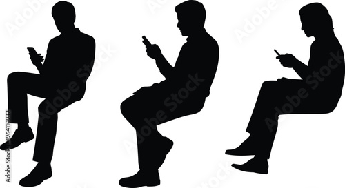 Silhouettes of seated people using smartphones, modern lifestyle concept showing digital habits, communication, technology dependence and everyday mobile device interaction