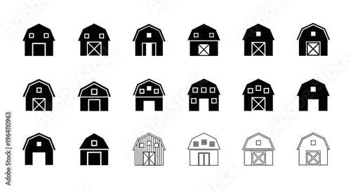 Collection of Barn Icons: Farm Buildings, Rural Architecture, Agricultural Symbols