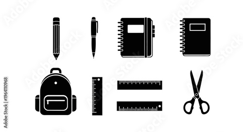 School Supplies Icons: Backpack, Pencil, Pen, Notebooks, Rulers, Scissors - Black and White Vector Set