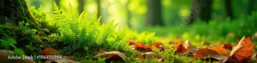 Lush green fern fronds emerge from beneath a layer of crispy brown autumn leaves in dappled sunlight , natural, organic