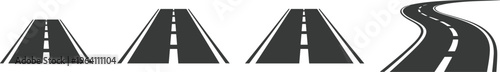 Straight and curved road icons set, highway route symbols, transportation pathway illustration, asphalt street markings, traffic lane design elements for navigation graphics