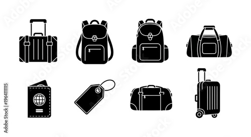 Collection of Travel Luggage and Accessories Icons: Suitcases, Backpacks, Duffle Bag, Passport, Tag