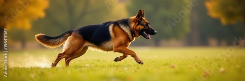Majestic German Shepherd running, powerful stride, muscular build,  dynamic,  athletic dog,  muscular