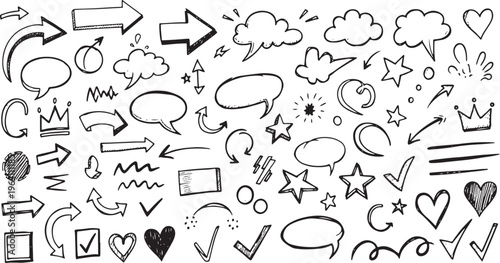 Creative assortment of doodles featuring symbols, icons, and communication elements Vector