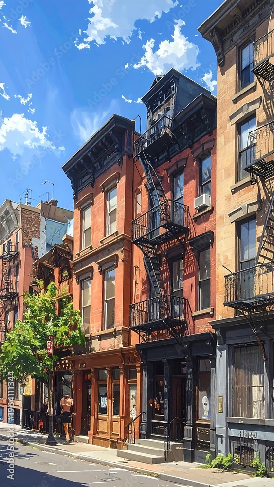 Fototapeta premium A picturesque city street with historic brownstone buildings