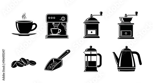Coffee Making Icons: Espresso Machine, Grinders, French Press, Kettle, Cup, Scoop, Beans