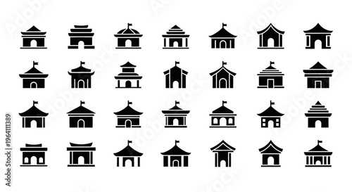 Collection of Black Silhouette Icons Representing Various Traditional Asian Buildings and Pavilions