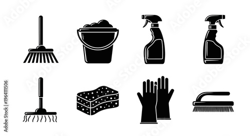 Cleaning supplies icons: broom, mop, bucket, spray bottles, gloves, sponge, brush