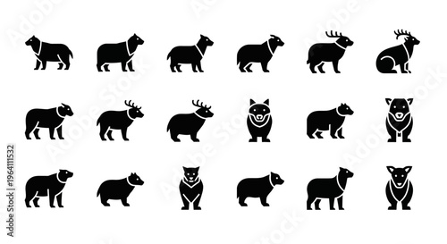 Set of Animal Icons: Sheep, Ram, Deer, Bear, and Wombat Silhouettes