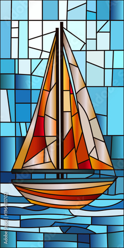 A sailboat gliding across the water using stained glass technique.
