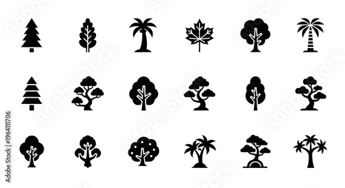 Collection of Diverse Tree Icons: Evergreen, Deciduous, Palm, Maple, Bonsai
