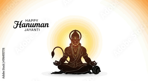 Illustration of Lord Hanuman sitting in a meditative pose with a halo behind his head, celebrating Happy Hanuman Jayanti in a vibrant and spiritual Hindu festival setting.
