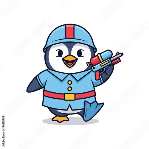 Cute cartoon penguin character in a playful soldier uniform holding a water blaster