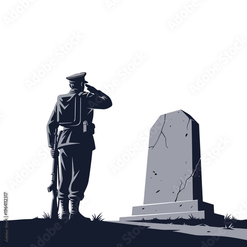 Soldier saluting grave illustration, solemn tribute in a monochrome memorial setting