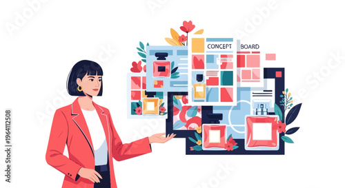 Woman Presenting Perfume Brand Marketing Strategy Board.