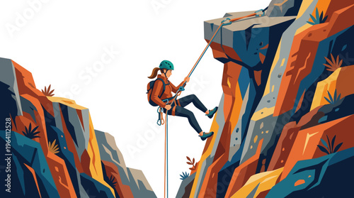 Woman rappelling down a steep rocky cliff face.