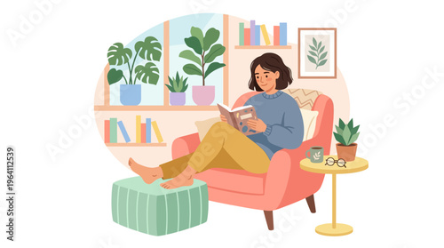 Woman reading a book comfortably in an armchair.