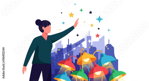 Woman Reaching for Stars Above Cityscape Lanterns.