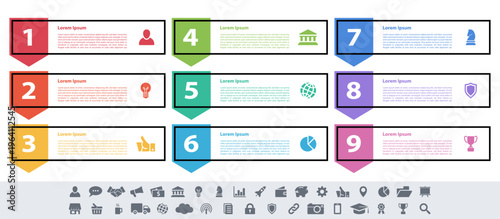 Infographic design business concept vector illustration with 9 steps or options or processes represent work flow or diagram or web button banner