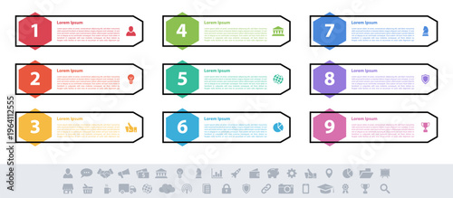 Infographic design business concept vector illustration with 9 steps or options or processes represent work flow or diagram or web button banner