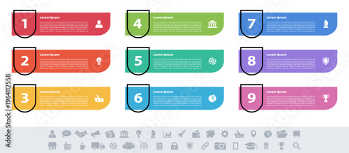 Infographic design business concept vector illustration with 9 steps or options or processes represent work flow or diagram or web button banner