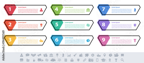 Infographic design business concept vector illustration with 9 steps or options or processes represent work flow or diagram or web button banner