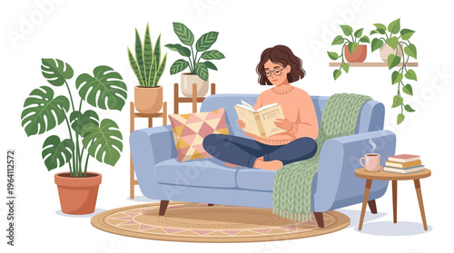 Woman reading book on sofa surrounded by plants.