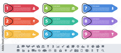 Infographic design business concept vector illustration with 9 steps or options or processes represent work flow or diagram or web button banner
