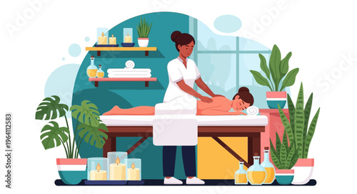 Woman receiving a relaxing massage from a therapist in a spa setting.