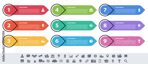 Infographic design business concept vector illustration with 9 steps or options or processes represent work flow or diagram or web button banner