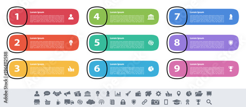 Infographic design business concept vector illustration with 9 steps or options or processes represent work flow or diagram or web button banner