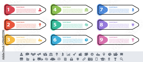 Infographic design business concept vector illustration with 9 steps or options or processes represent work flow or diagram or web button banner