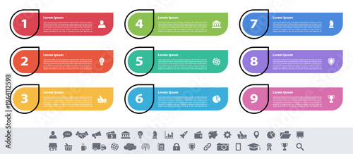 Infographic design business concept vector illustration with 9 steps or options or processes represent work flow or diagram or web button banner