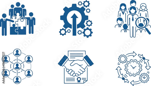 Illustrations depicting various aspects of teamwork and business collaboration Vector