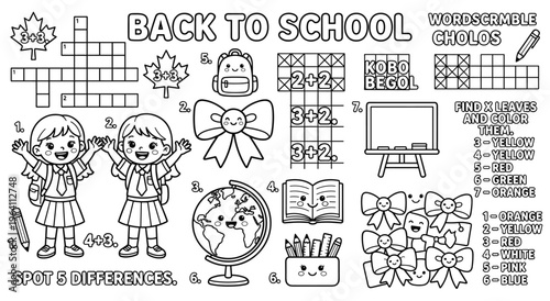 Fun educational worksheet for children with crossword puzzles and spot the difference games. Cute school characters and objects in outline style for coloring. Engaging kids learning activity.